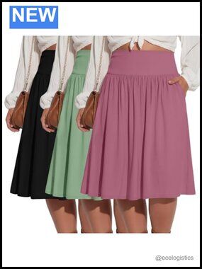 3 Pack Plus Size Midi A-Line Flared Skirts with Pockets